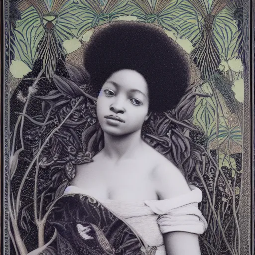 black girl, art nouveau, garden, stoic, serene, Fantasy, Lithography, birds_1.png